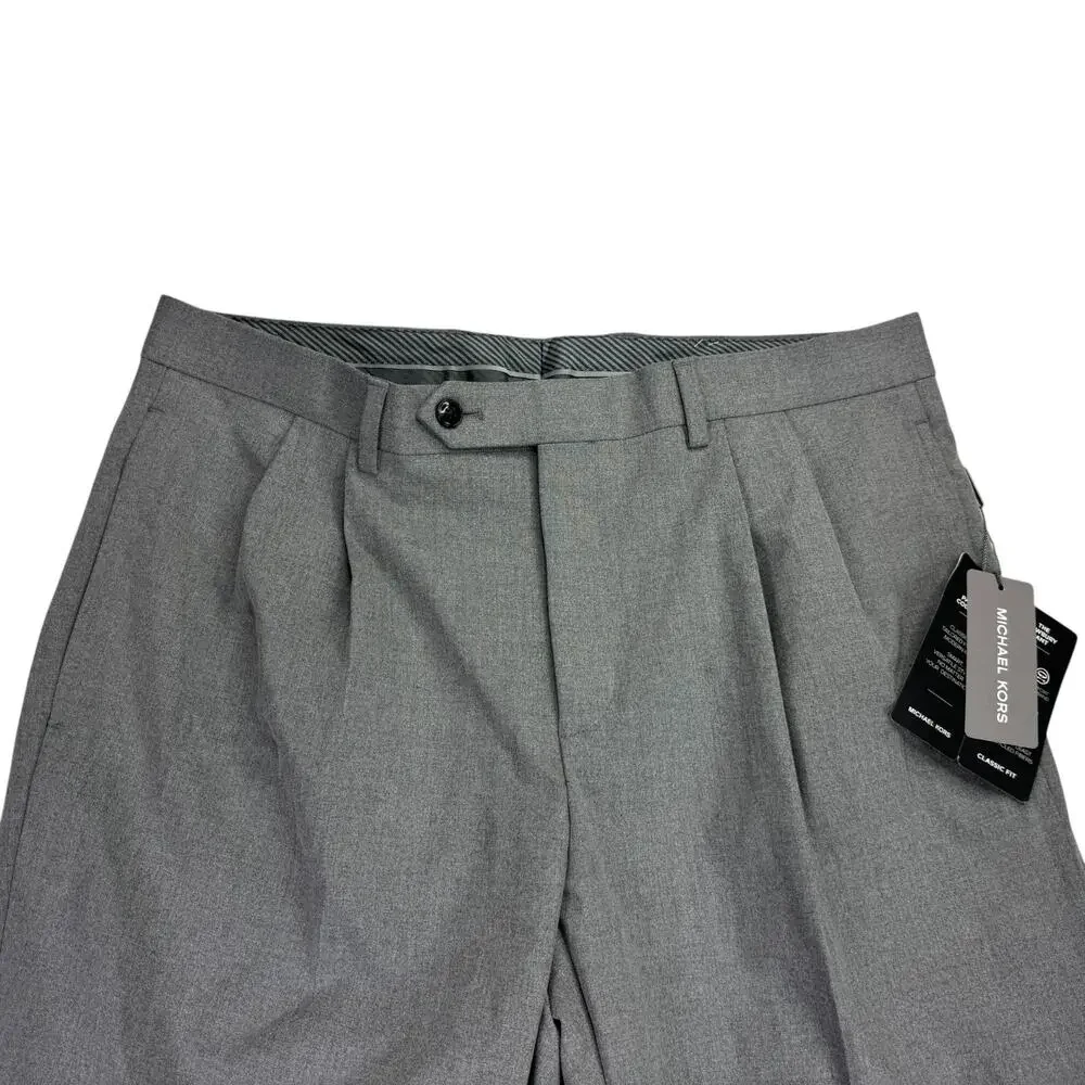 Michael Kors Mens Pleated Cuffed Solid Classic Fit Stretch Pants Gray 33x30